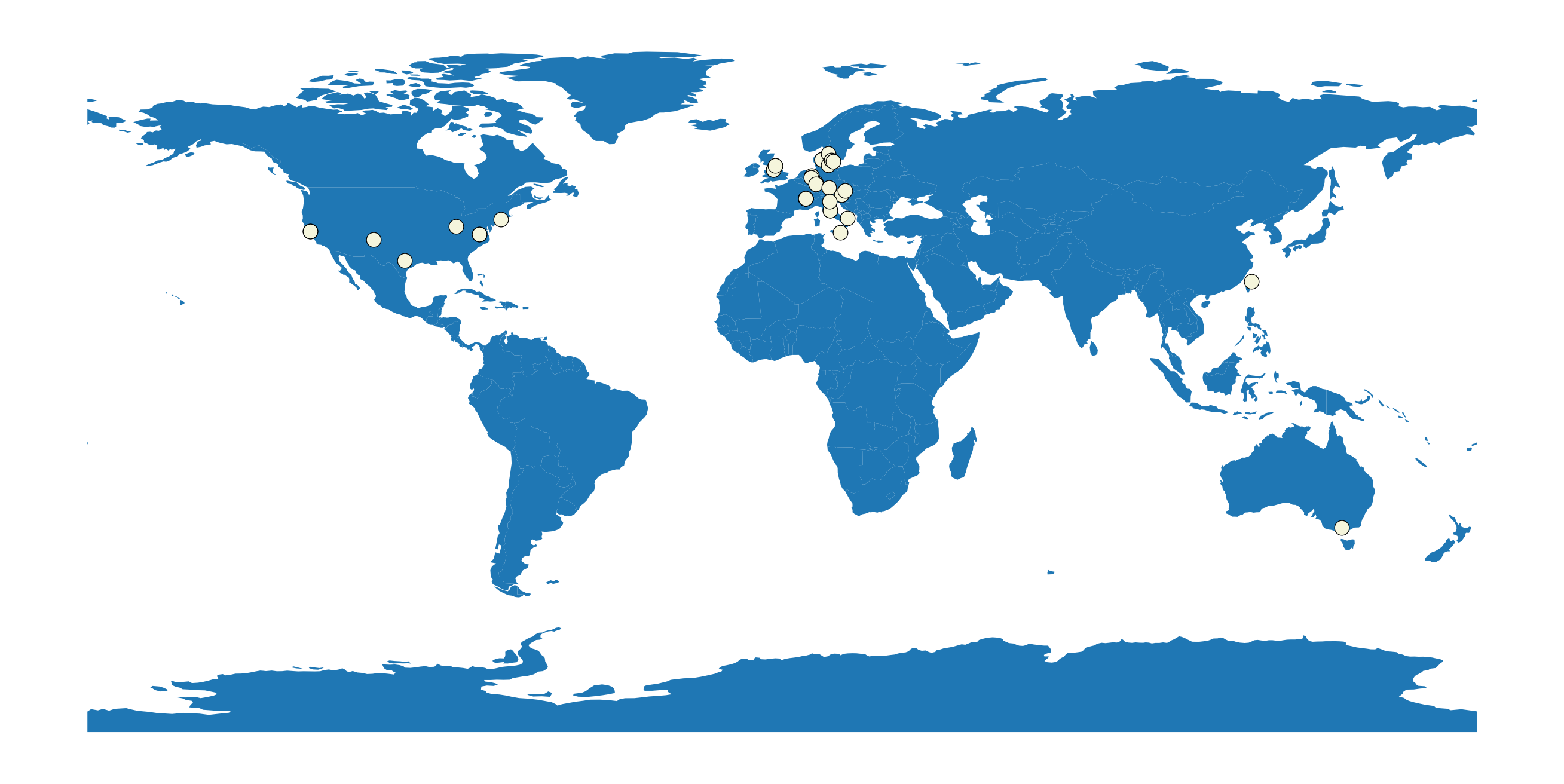 World map with talks pinned